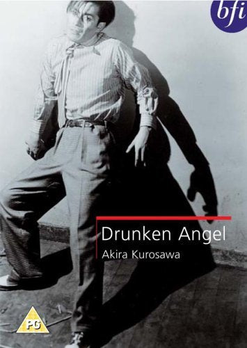 Black and white film poster for "Drunken Angel" featuring a man in a suit.