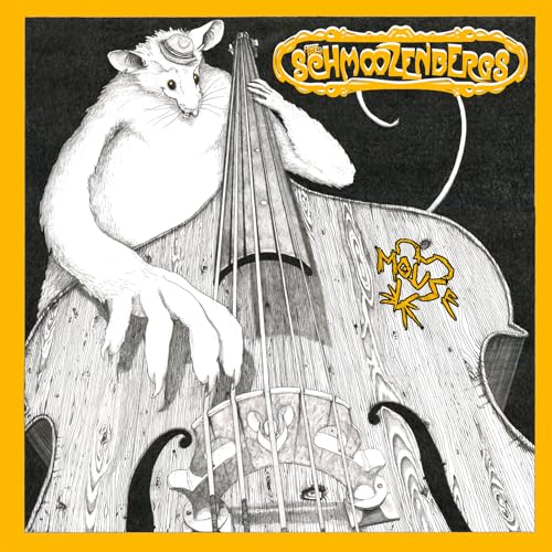 Drawing of a mouse playing a large upright bass, yellow background.