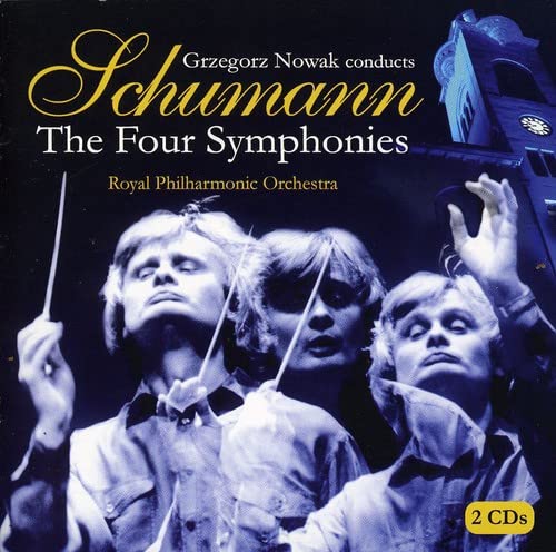 CD cover for Schumann’s Four Symphonies, featuring a conductor and orchestra.