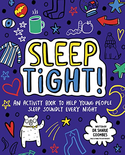 Book cover with the title Sleep Tight! surrounded by colorful doodles on purple background.