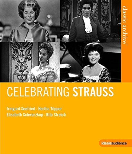 Blu-ray cover featuring portraits of four opera singers, “Celebrating Strauss.”