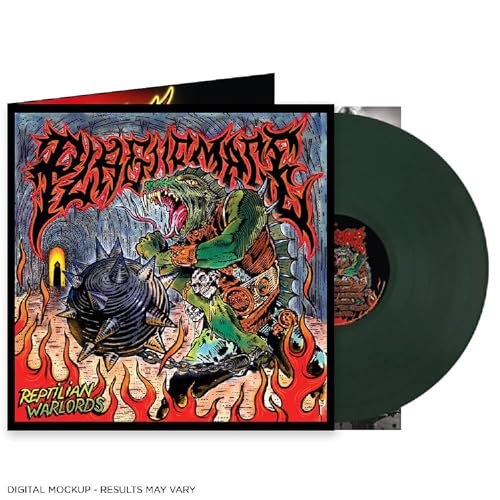 Plaguemace Reptilian Warlords album cover art with a green vinyl record disc.