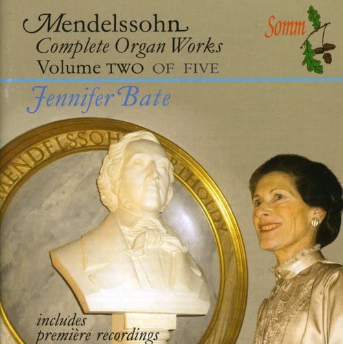 CD cover: bust of Mendelssohn, Jennifer Bate portrait, blue background.