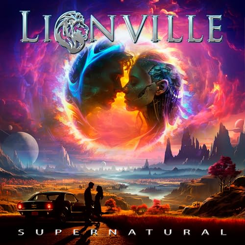 CD cover: couple amidst a vibrant, fantastical landscape and glowing orbs.