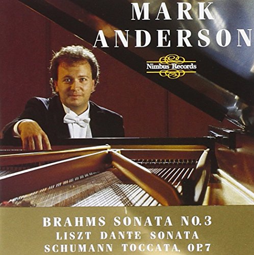 Pianist Mark Anderson portrait with a grand piano, album cover art.