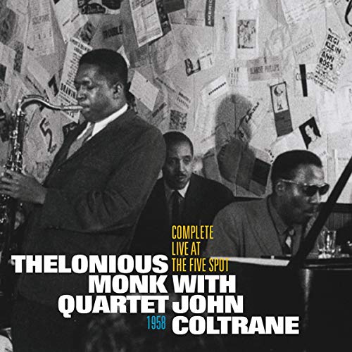 Thelonious Monk album cover, black and white photo of jazz musicians.
