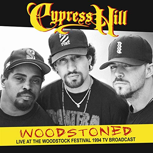 Cypress Hill band members in caps, album cover for "Woodstoned" live CD.