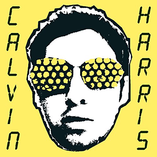 Yellow album cover featuring Calvin Harris with patterned sunglasses.