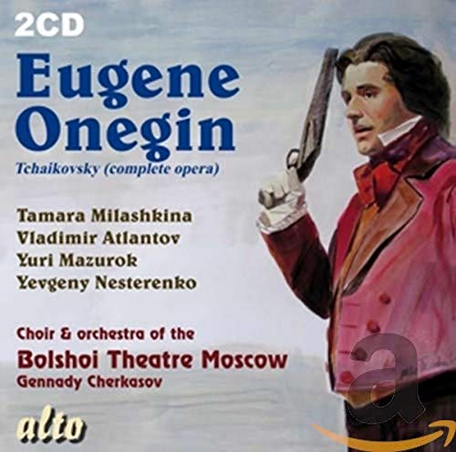 CD cover for Tchaikovsky’s “Eugene Onegin” featuring a man with a sword.