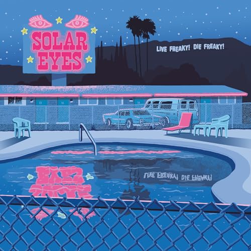 Album cover for Solar Eyes featuring a motel, pool, and stylized eyes.