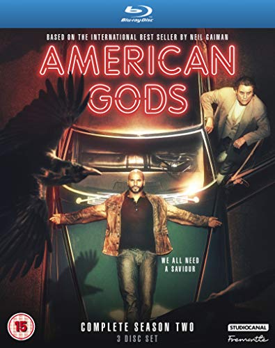 American Gods" Season 2 Blu-ray cover featuring characters and a raven.
