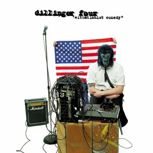 Album cover: person in gorilla mask holding US flag, with music equipment.