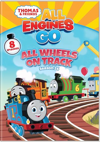 “Thomas & Friends” DVD cover featuring colorful trains on railway tracks.