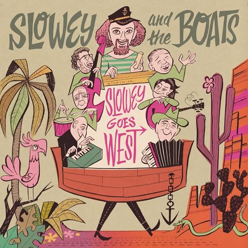 Album cover for "Slowey And The Boats" featuring illustrated musicians and a boat.