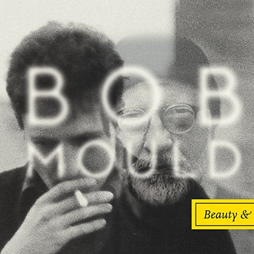 Black and white portrait of Bob Mould with overlaid text and a yellow box.
