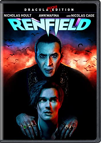 “Renfield” DVD cover featuring Nicolas Cage as Dracula and Nicholas Hoult.
