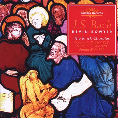CD cover for Bach/Bowyer album featuring stained-glass style figures.