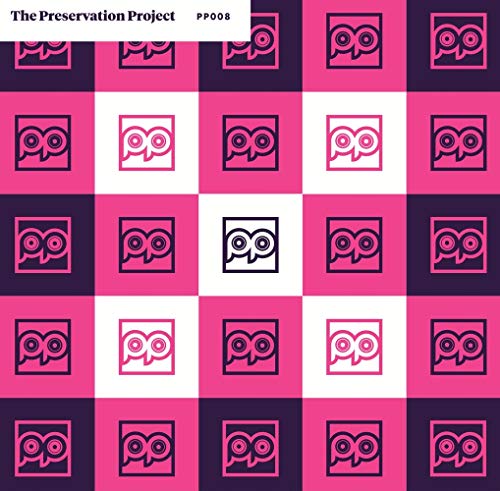 Vinyl record cover with a repeating pink and purple grid pattern.