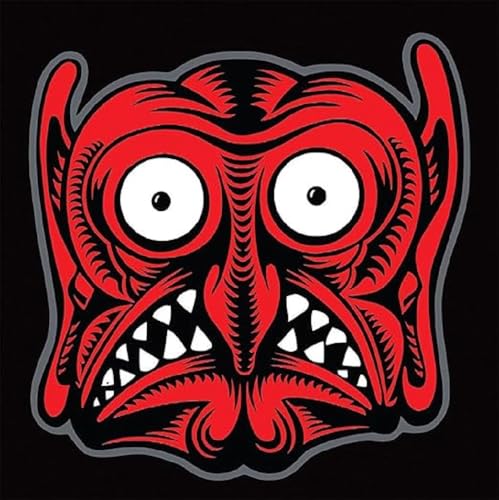 Red, stylized devil face with white eyes and sharp teeth.