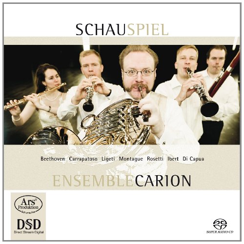 Wind quintet Ensemble Carion performing, album cover with musicians and instruments.