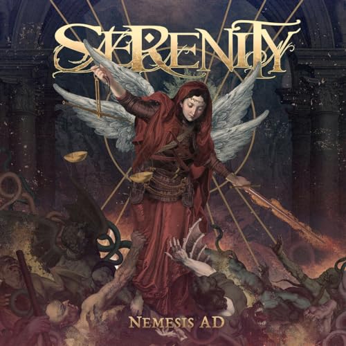 Album cover for Serenity’s “Nemesis A.d.” featuring a winged figure and fallen people.