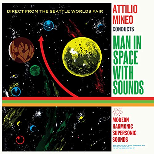 Album cover: planets, red arrow, and text for "Man In Space With Sounds".