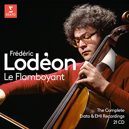 Cellist Frédéric Lodéon in glasses playing, album cover for complete recordings.