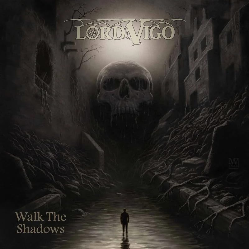 Album cover: skull over a ruined city, lone figure below.