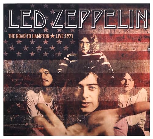 Led Zeppelin album cover featuring band members against an American flag.