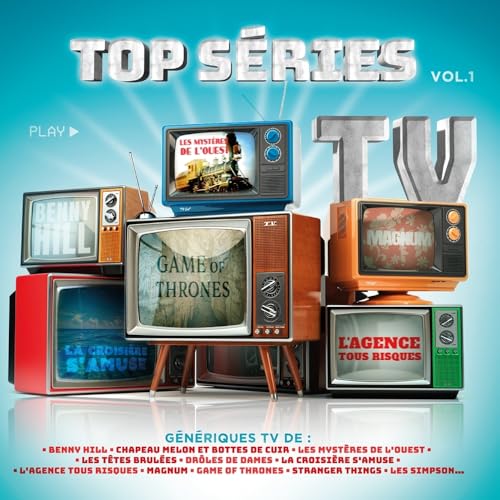 Stack of vintage televisions displaying iconic TV show titles, vinyl record soundtrack.