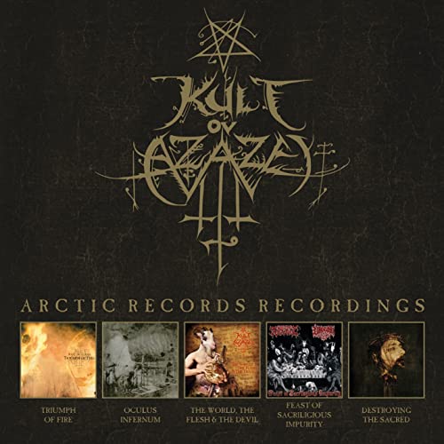 Dark album cover with ornate text and five smaller album images below.