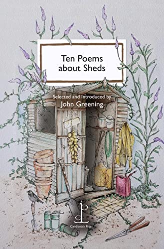 A watercolor illustration of a garden shed surrounded by plants, tools, and flower pots.