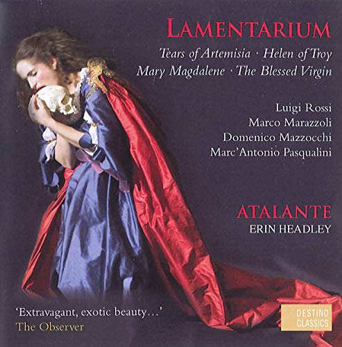 Woman in blue and red gown holds a skull, CD cover art.