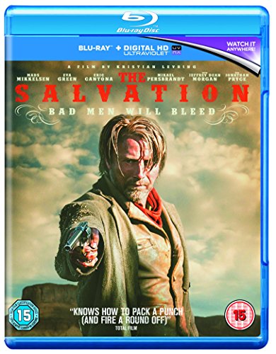 Blu-ray cover for "The Salvation" featuring a man with a gun.