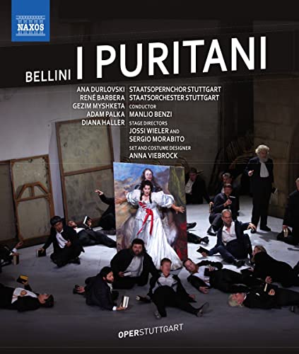 Blu-ray cover for Bellini’s "I Puritani" opera featuring performers and a painting.