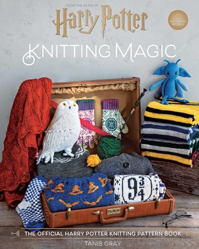 Harry Potter knitting pattern book cover with knitted items and Hedwig.