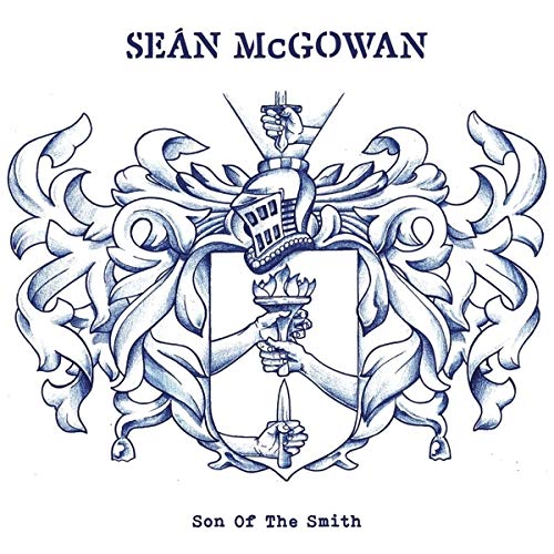 Blue and white illustration of a coat of arms with tools.