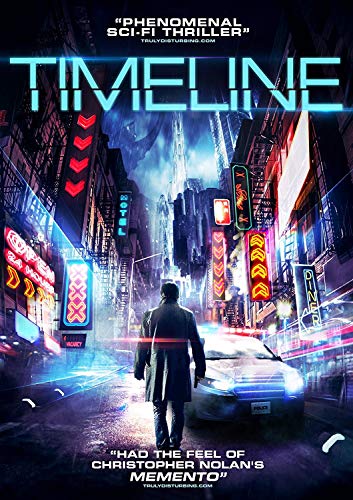 Timeline" DVD cover: man in coat views futuristic, neon-lit city.