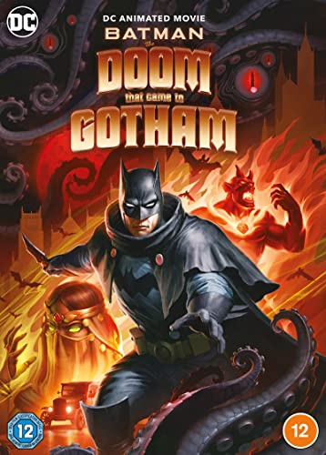 Batman stands in front of a fiery background with tentacles and a demonic figure.