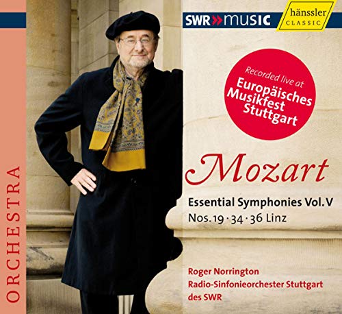 CD cover featuring conductor Roger Norrington and “Mozart Essential Symphonies Vol. V”.