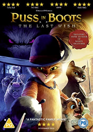 “Puss In Boots: The Last Wish” DVD cover featuring Puss and Kitty Softpaws.