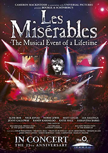“Les Misérables” 25th Anniversary concert DVD cover with stage lights and cast names.