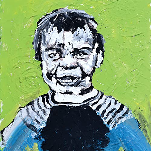 Painted portrait of a smiling man with textured brushstrokes and bright green background.