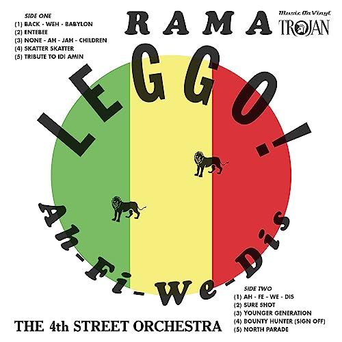Vinyl record cover with Rastafarian colors, a lion, and bold text.