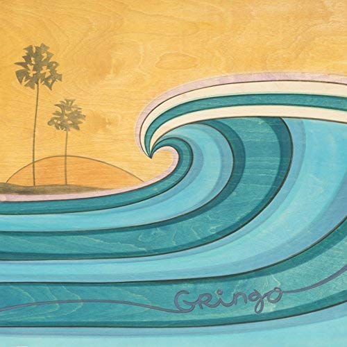 Album cover: stylized wave and palm trees over a sunset.