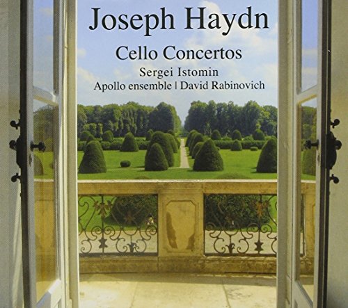 CD cover: Haydn’s Cello Concertos with a garden view through windows.