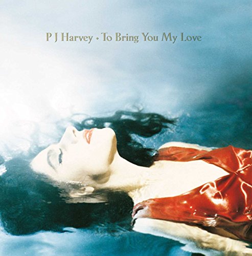 A woman in a red dress floating in blue water, PJ Harvey album cover art.