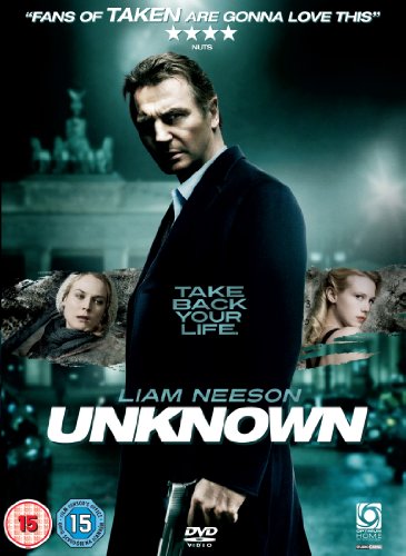 DVD cover for "Unknown" featuring Liam Neeson in a suit, holding a gun.