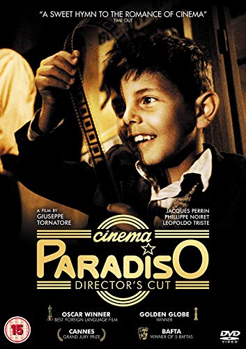 DVD cover for "Cinema Paradiso" featuring a young boy looking up at film reels.