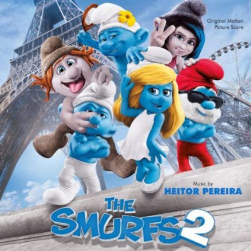 CD cover for "The Smurfs 2" soundtrack featuring Smurf characters and the Eiffel Tower.